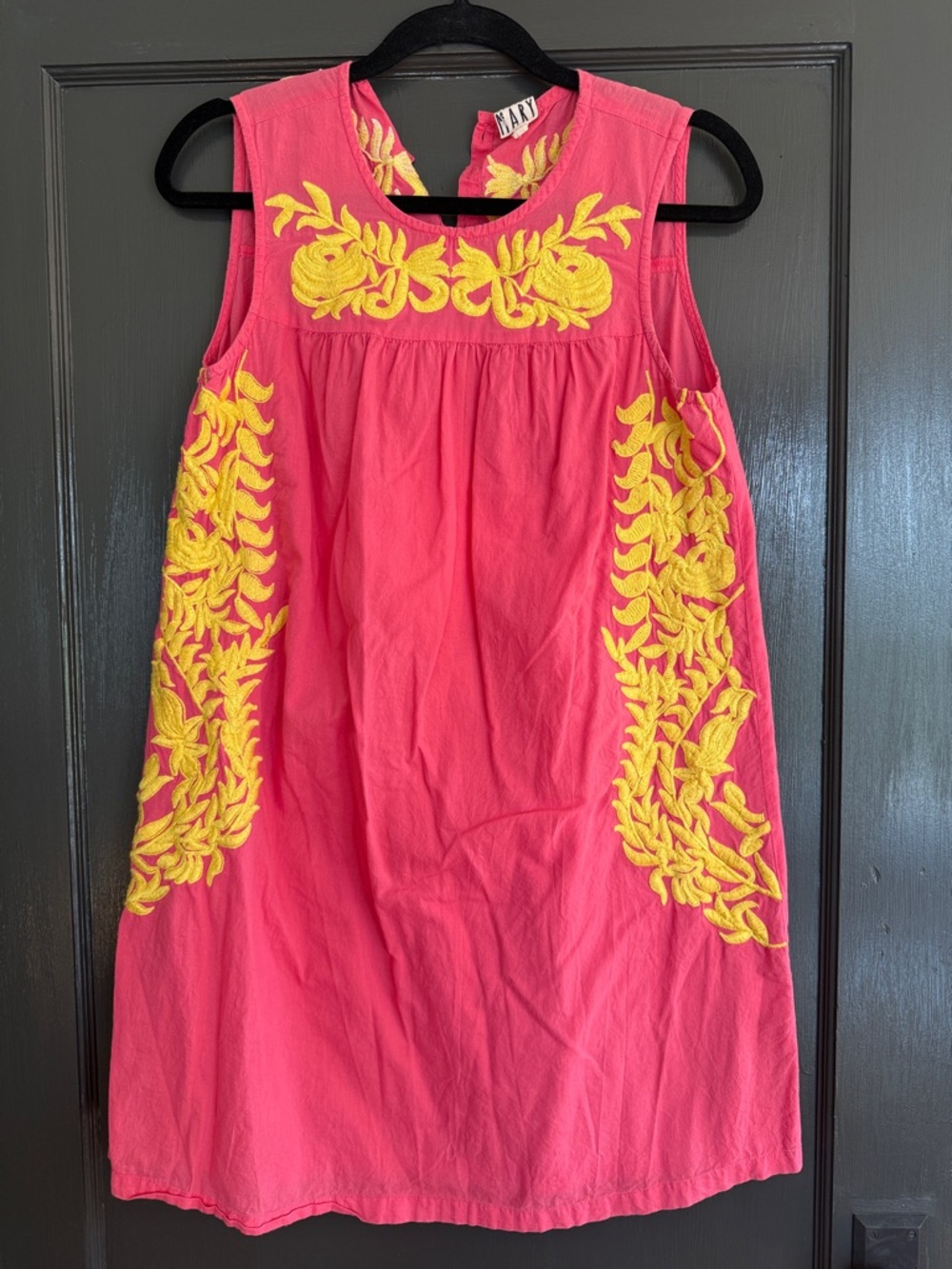 Bright Pink Sleeveless Dress with Yellow Embroidery